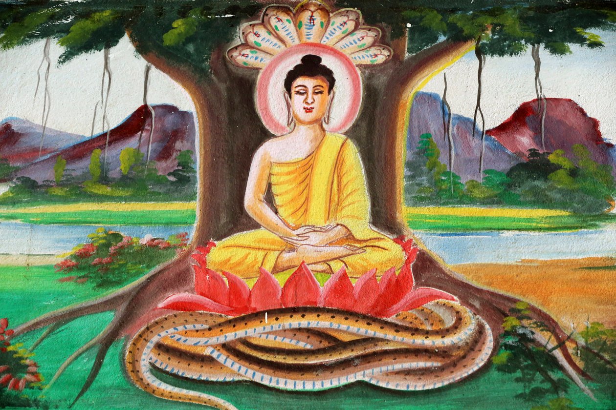 Gemälde, das die Lebensgeschichte von Shakyamuni Buddha darstellt. Buddha im Meditationspose unter dem Bodhi-Baum von Unbekannt
