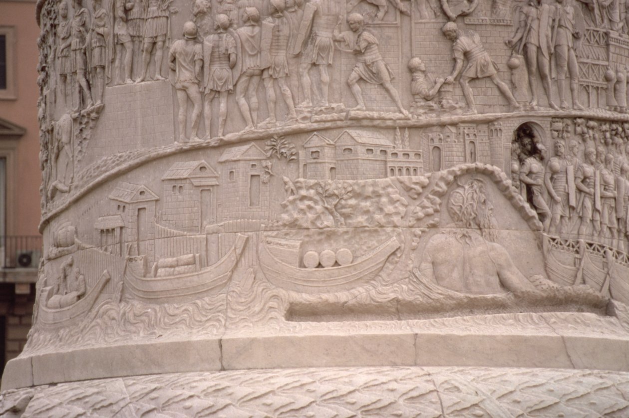 Ein römischer Hafen und der Bau eines römischen Lagers, von der Trajanssäule, 2. Jahrhundert n. Chr. (Detail) von Unbekannt