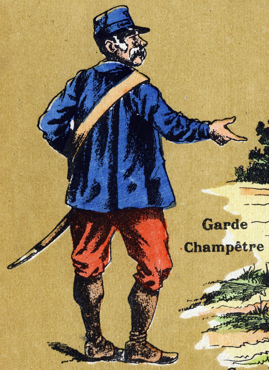 Ein Landwächter. Illustriertes Alphabet. Bildereien vereint in Jarville-Nancy, Anfang des 20. Jahrhunderts. Dim: 40 x 29 cm. Lithographie auf bistre Hintergrund von Unbekannt