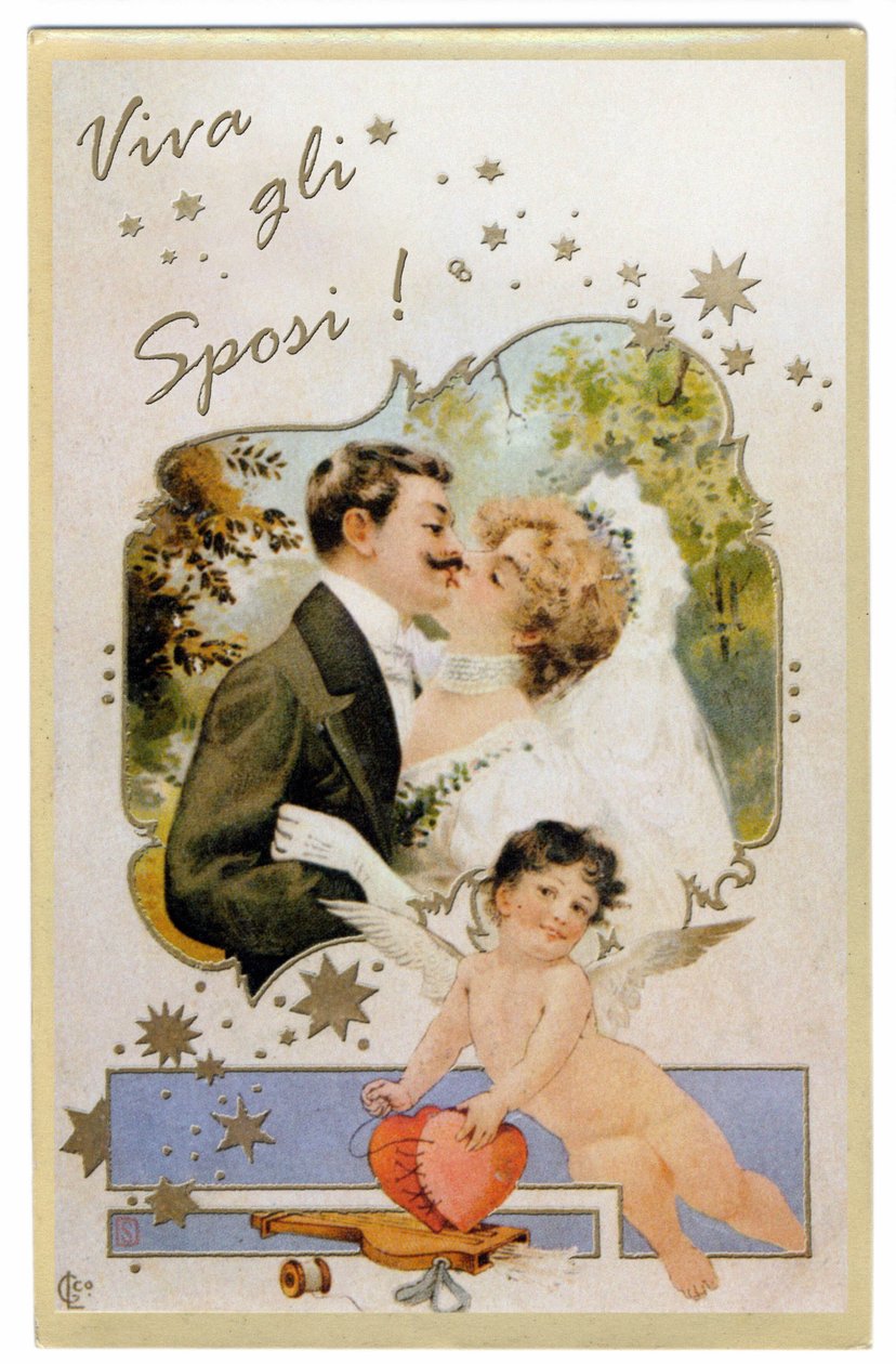 Ein küssendes Brautpaar. Es lebe das Brautpaar! Postkarte um 1901 von Unbekannter Künstler
