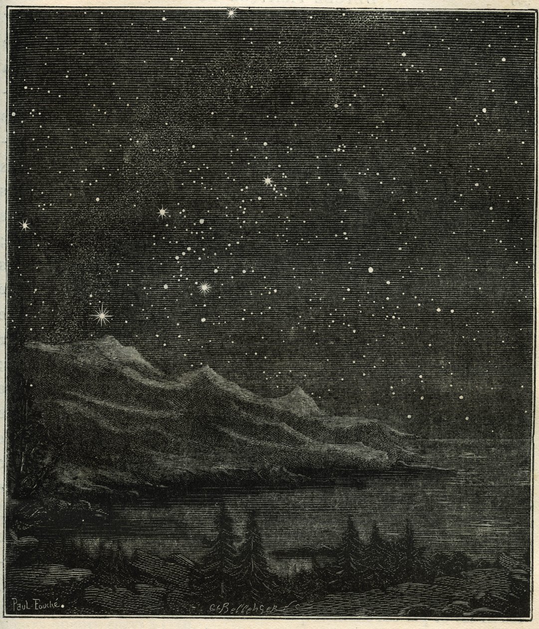 Eine sternenklare Nacht, perfekt zum Beobachten des Himmels. Gravur aus Camille Flammarions „Les étoiles et les autres curiosités du ciel“ von Unbekannter Künstler