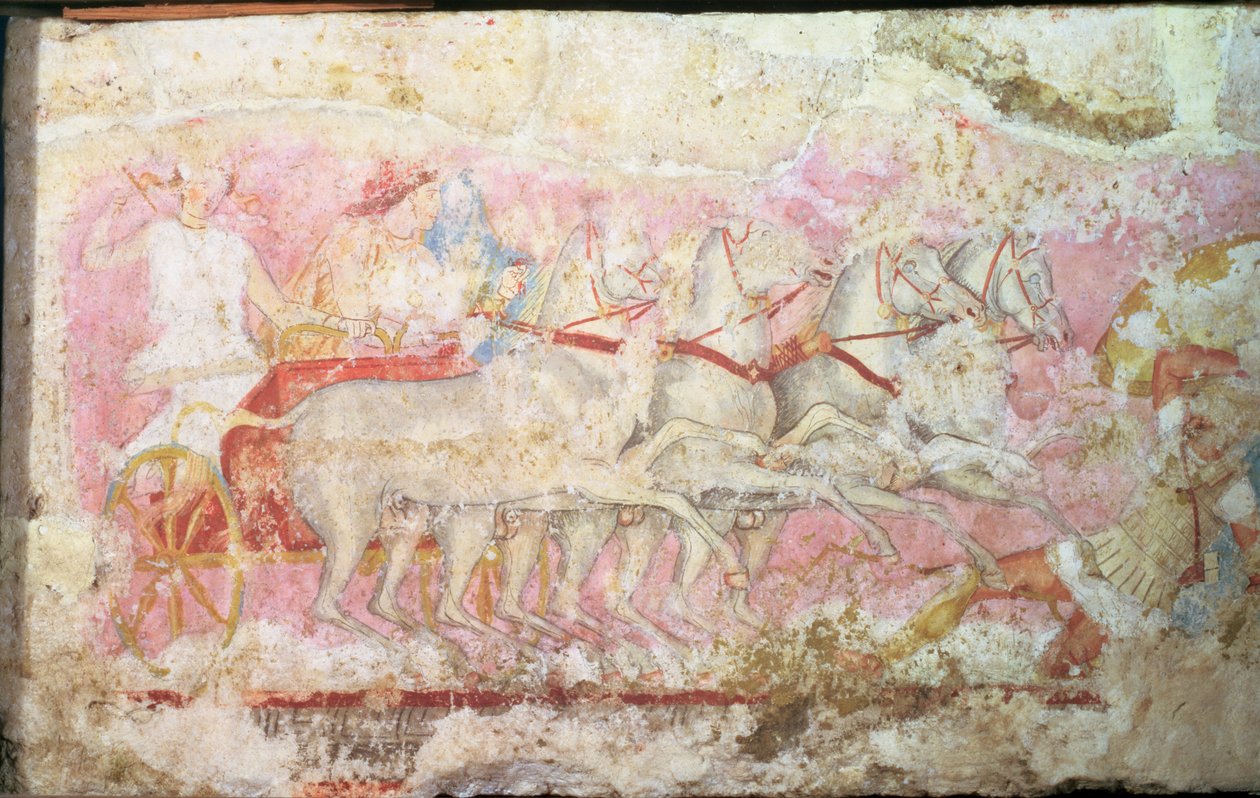 Amazonen, die einen Streitwagen fahren, Detail von der Seite des Sarkophags der Amazonen, Tarquinia, 4. Jahrhundert v. Chr. von Unbekannt