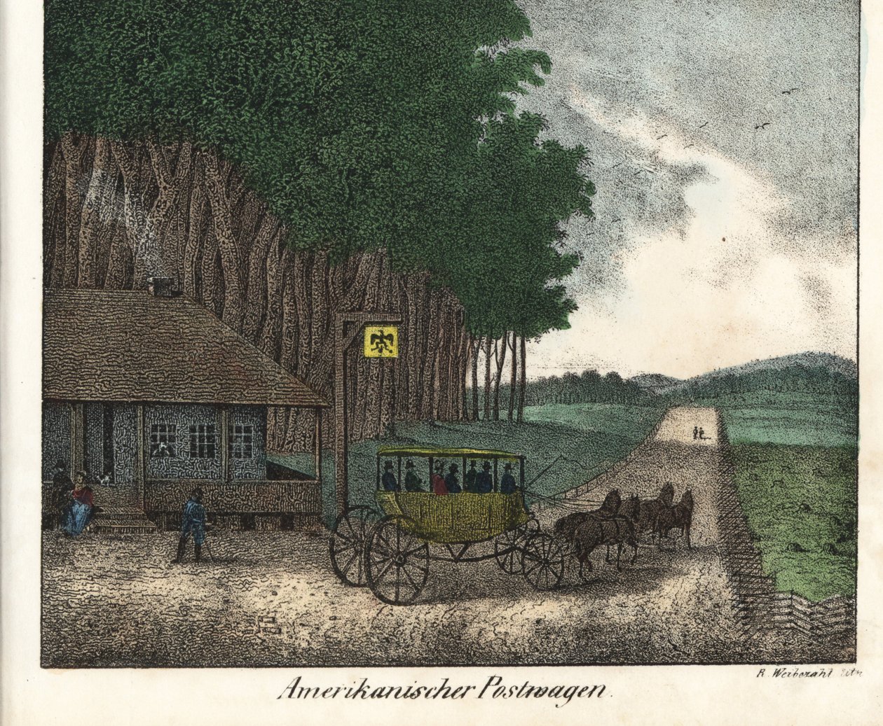 Ein amerikanisches Postamt und eine Postkutsche. Lithografie für das Buch: „Galerie complète en tableaux fidèles des peuples d