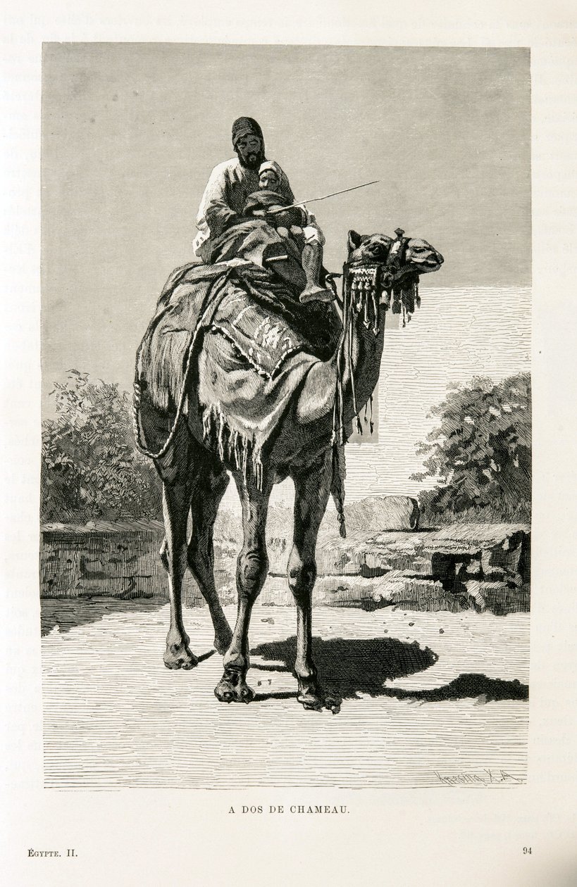 Ein Ägypter und sein Kind auf einem Kamel - Illustration aus dem Atlas von Ägypten von Unknown