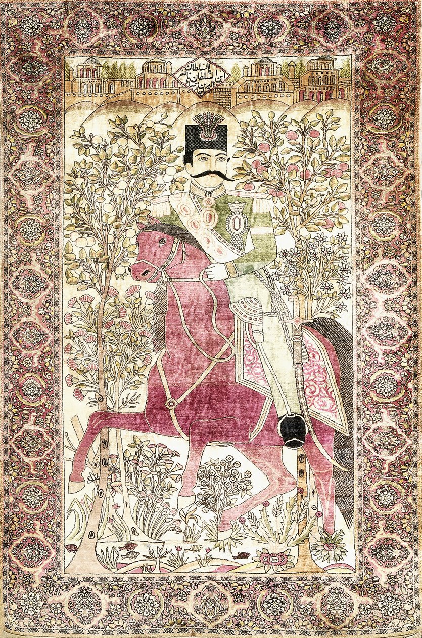 Ein antiker Seiden-Kashan-"mochtasham"-Bildteppich, der die berittene Figur von Naser al-Din Shah darstellt von Unbekannt