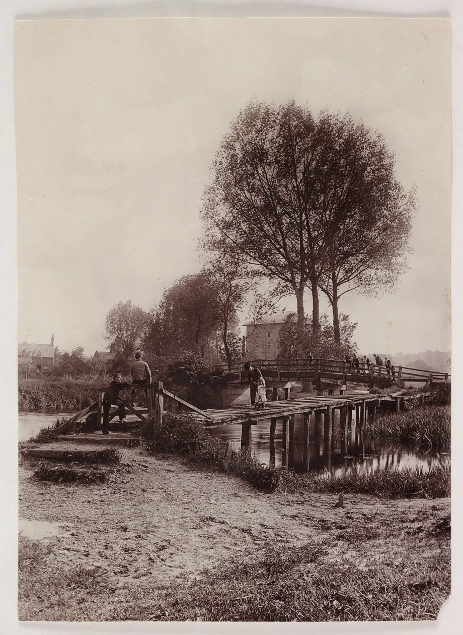 Brücken, Pfahlkinder auf einer Brücke, ca. 1890 von Unbekannt