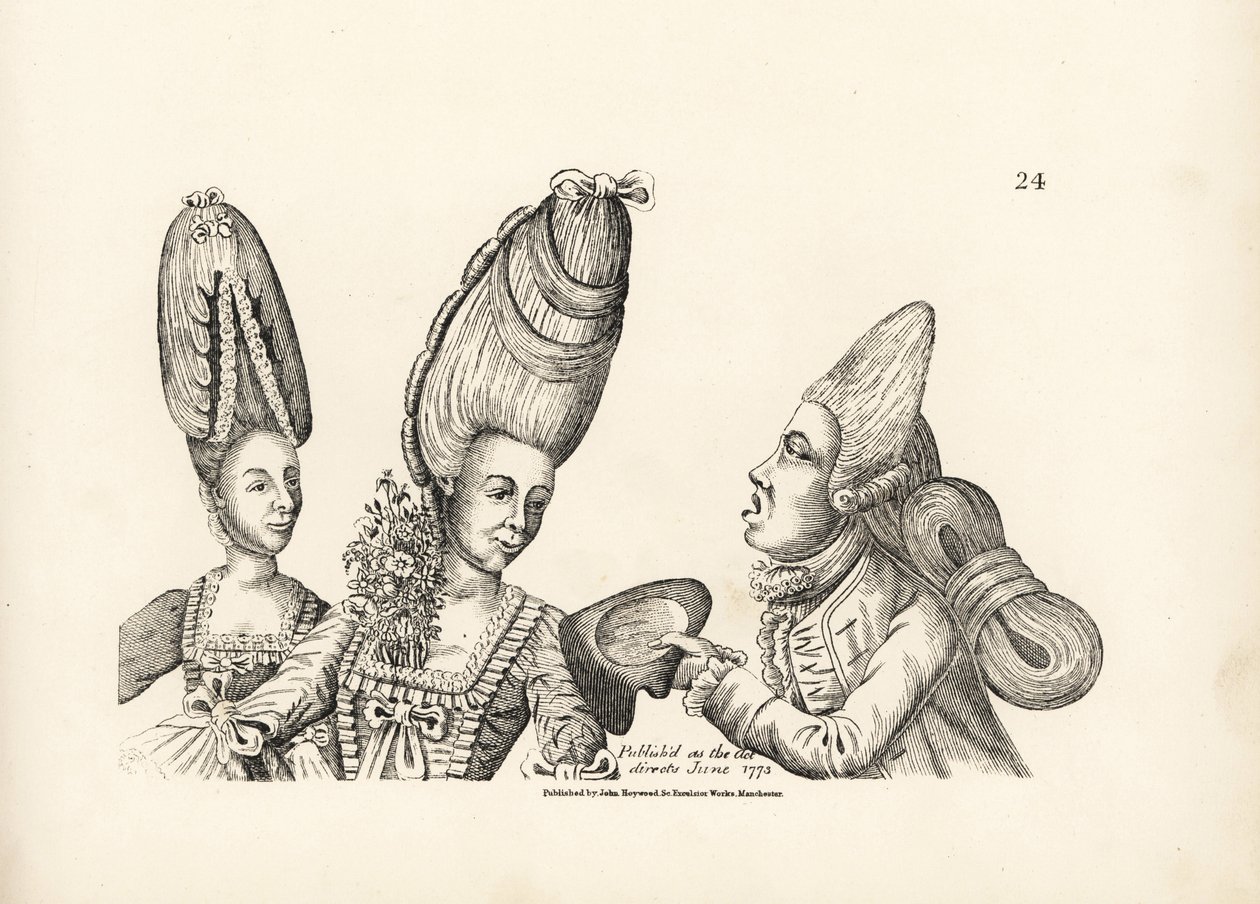 Karikatur der Mode des späten 18. Jahrhunderts: Frauen mit hohen Perücken und einem Garten aus Blumen im Dekolleté, und ein Dandy mit einer hohen Perücke und einer extravaganten Haarmasse, die am Rücken gebunden ist. Kupferstich nach einer satirischen Illu von Unbekannter Künstler