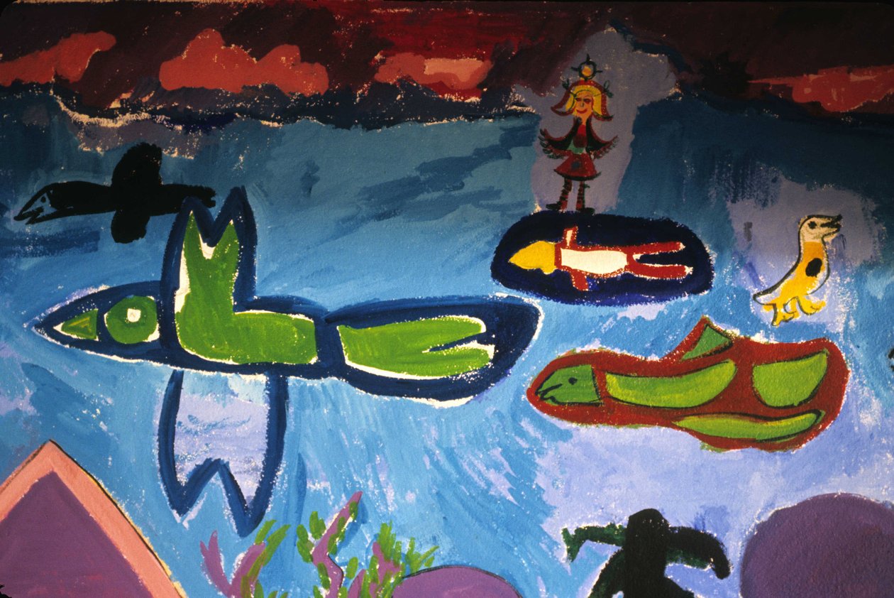 Kinderzeichnung mit Vögeln, Fischen, Tieren und Figuren, Schule der Cross Rousse, Saint Brieuc (Saint Brieuc) von Unbekannt