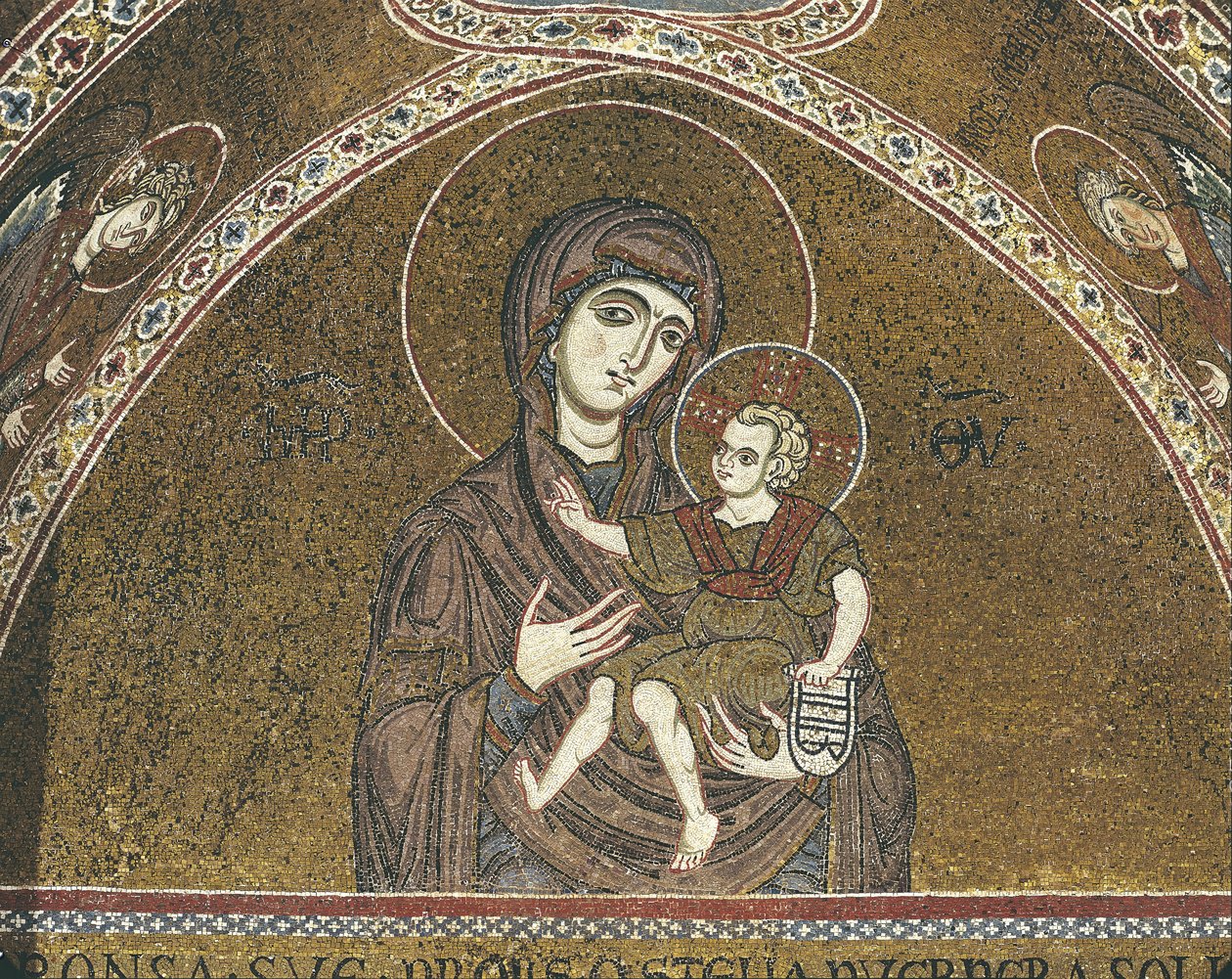 Nahaufnahme eines Wandgemäldes der Jungfrau Maria, Monreale, Sizilien, Italien von Benjamin Baud