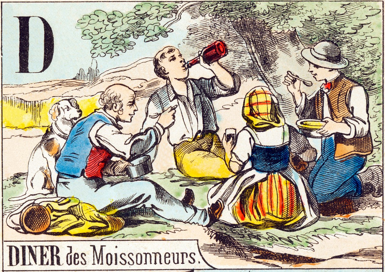 D Abendessen der Erntearbeiter - „Alphabet des Bauernhofs“ Ende des 19. Jahrhunderts (Gravur) von Unbekannt