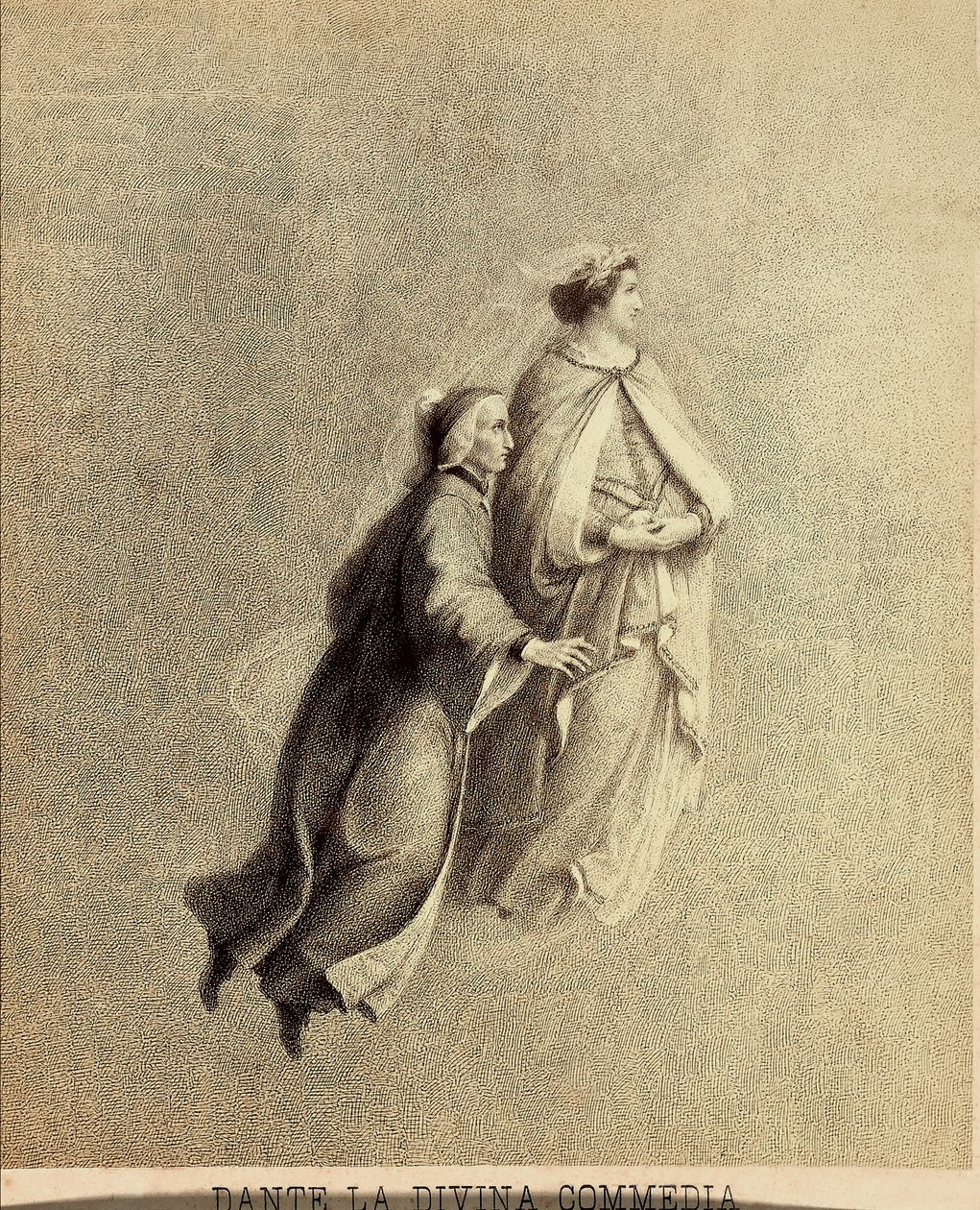 Dante und Beatrice fliegen durch das Firmament des Paradieses. Illustration des Canto I von Paradiso aus der Göttlichen Komödie von Dante Alighieri. Werk von Francesco Scaramuzza, gewidmet der Gemeinde Florenz. von Unbekannter Künstler