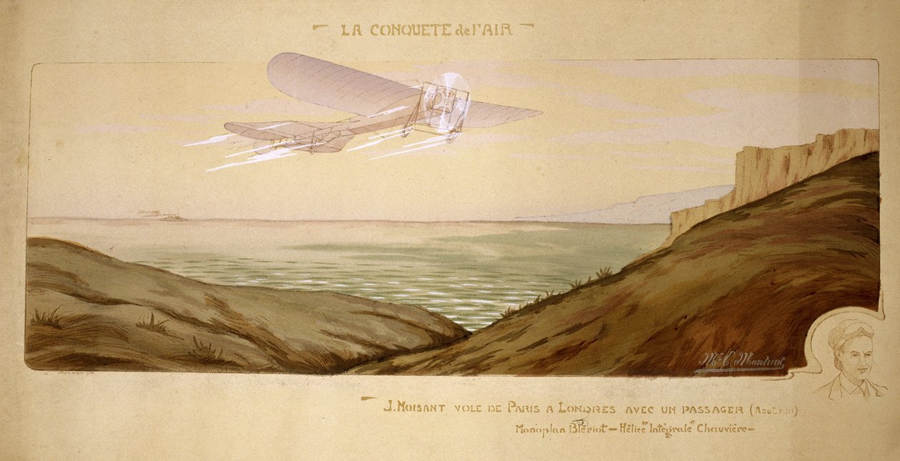 Anfang der Luftfahrt: John Moisant führt den ersten Passagiertransport über den Ärmelkanal durch, indem er seinen Mechaniker in seinem Bleriot-Doppeldecker am 17. August 1910 mitnimmt von Unbekannt