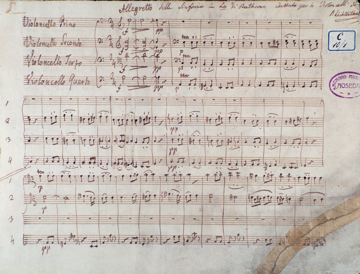 Erste Seite der Partitur für vier Celli der Symphonie Nr. 7 in A-Dur, op. 92, von Ludwig van Beethoven von Unbekannter Künstler