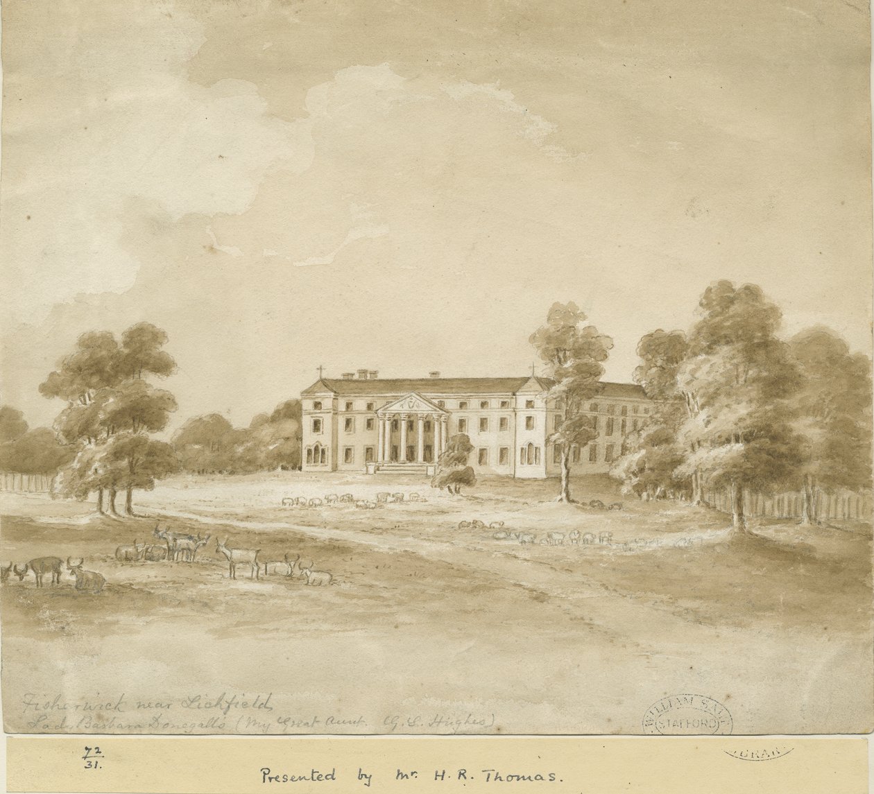 Fisherwick Hall: Sepia-Waschzeichnung, undatiert [?19. Jahrhundert] von Unbekannt