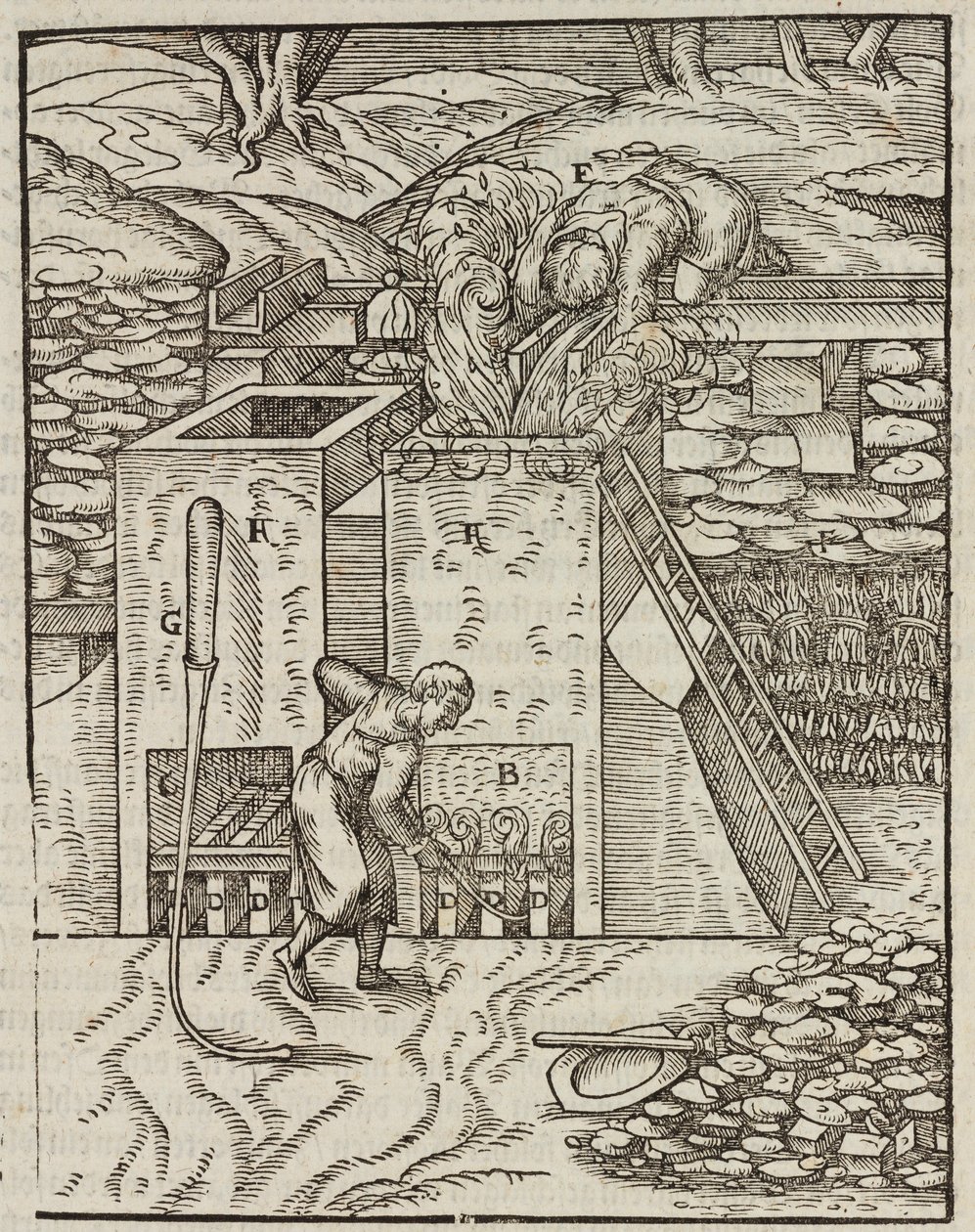 Ofen zum Erhitzen des Golderzes - Gravur aus Beschreibung der Erze und der wichtigsten Bergbaumethoden, von Lazarus Ecker von Unbekannt
