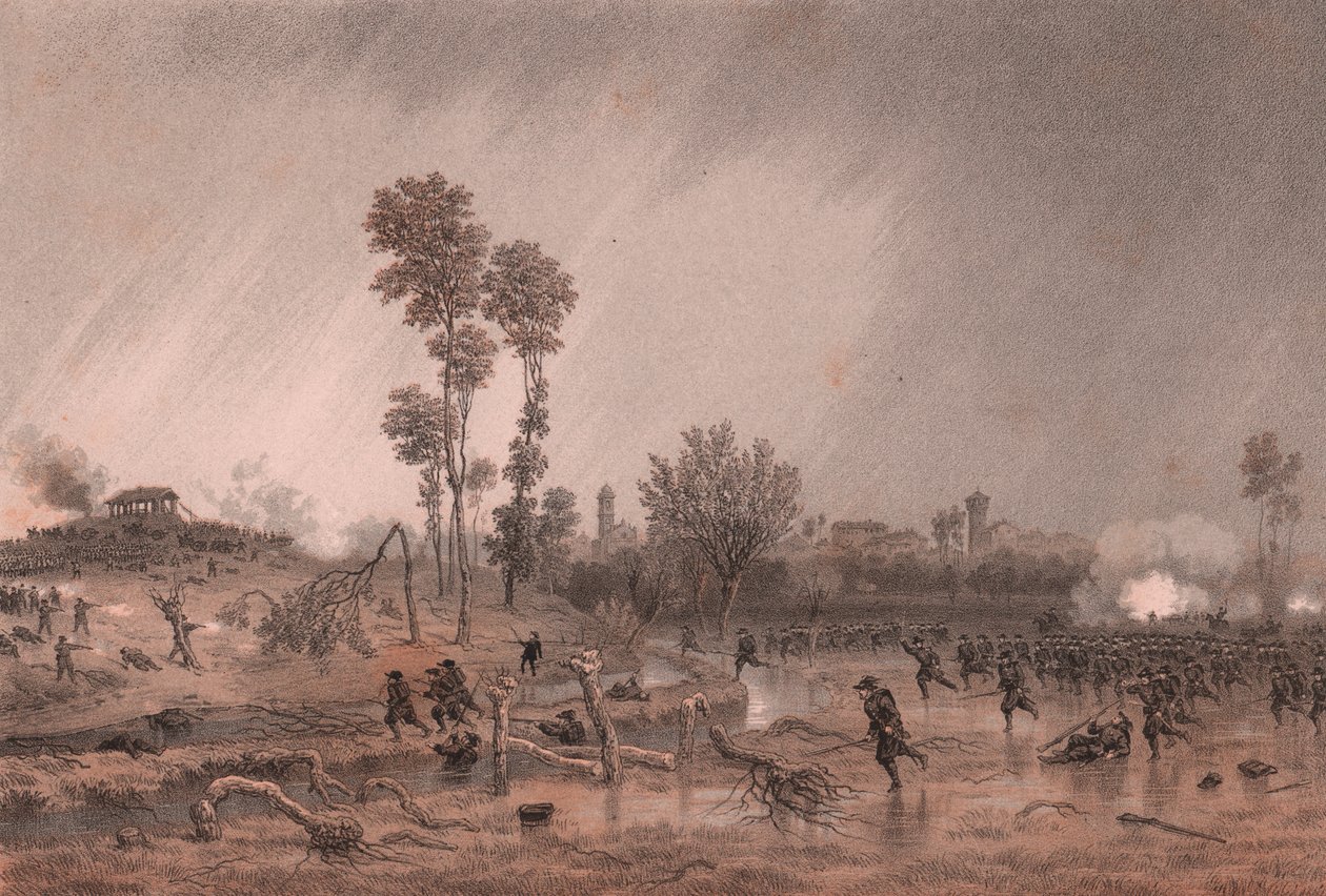 Vierte piemontesische Division von General Cialdini während des Angriffs in der Schlacht von Palestro, Lombardei von William M. Timlin