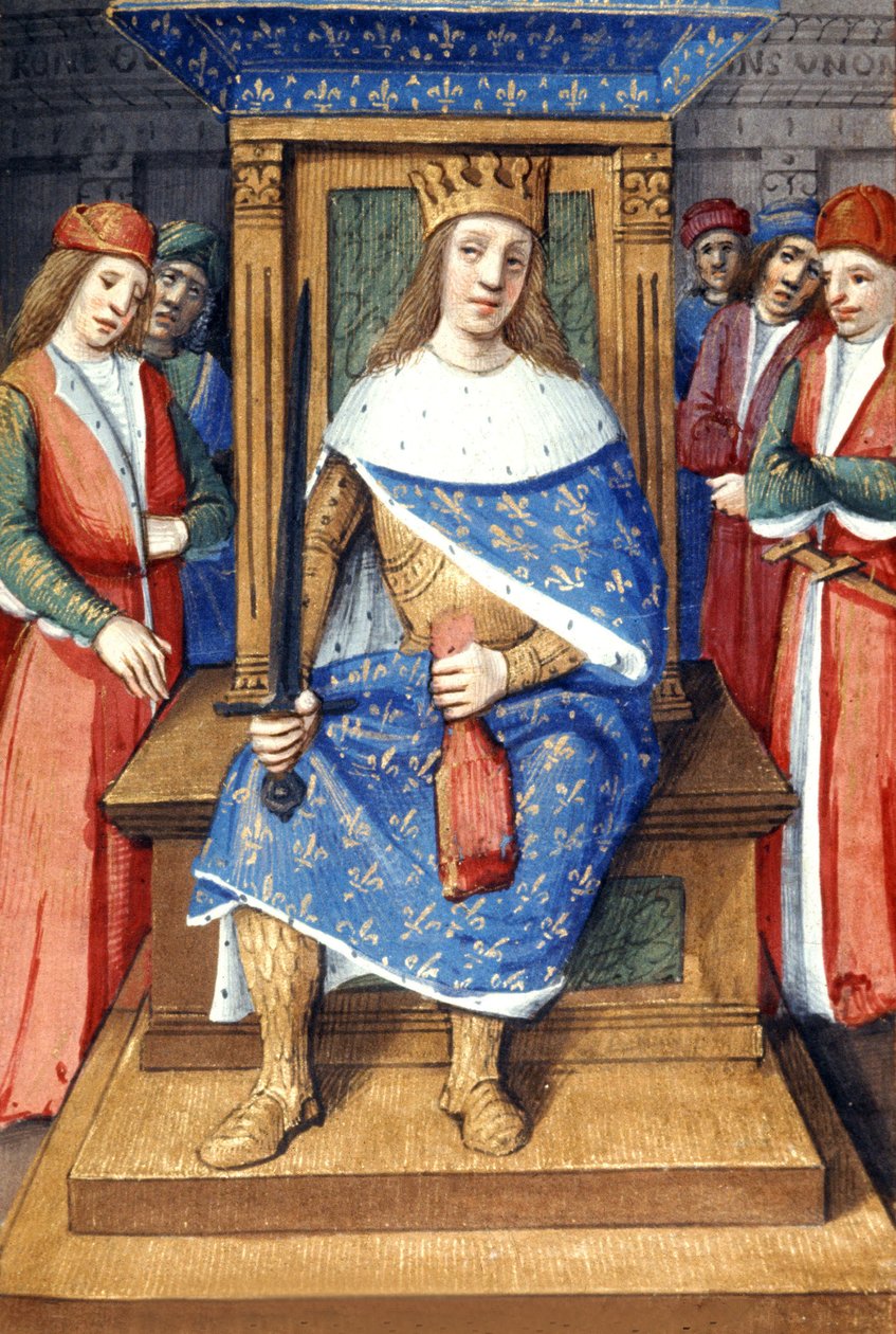 Der französische König Ludwig IX. (Heiliger Ludwig, 1214-1270, König von 1226 bis 1270) auf seinem Thron, französische Illumination von Unbekannter Künstler