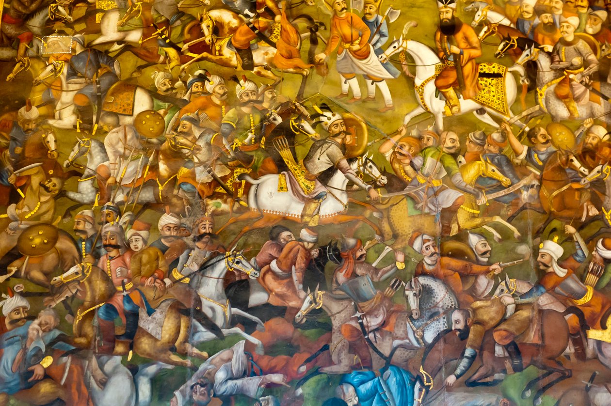 Fresko; Schlacht von Chaldiran gegen die Osmanen Sultan Selim I.; 1514; Chehel Sotoun; Vierzig-Säulen-Palast; Isfahan; Iran; Asien von Unbekannt