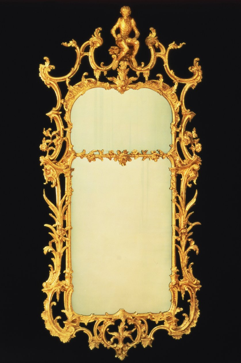 George III vergoldeter Holzspiegel, mit zwei Platten, aufwendige Bekrönung, zentriert durch die Figur eines Affen auf einem Felsenstand, ca. 1765 von Unbekannt