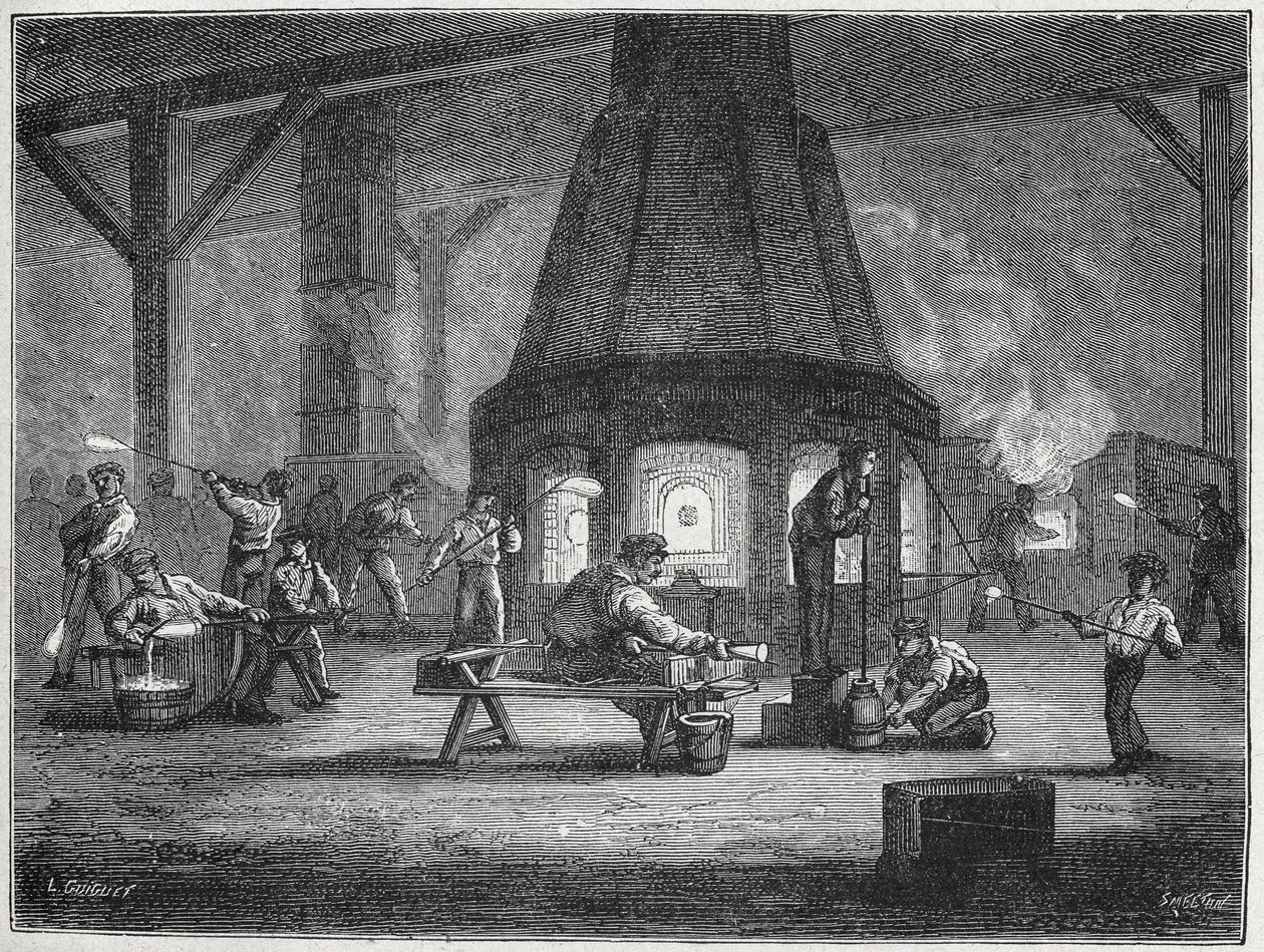 Glasherstellung in der zweiten Hälfte des 19. Jahrhunderts: Kinder bei der Arbeit, ca. 1880 (Gravur) von Unbekannter Künstler