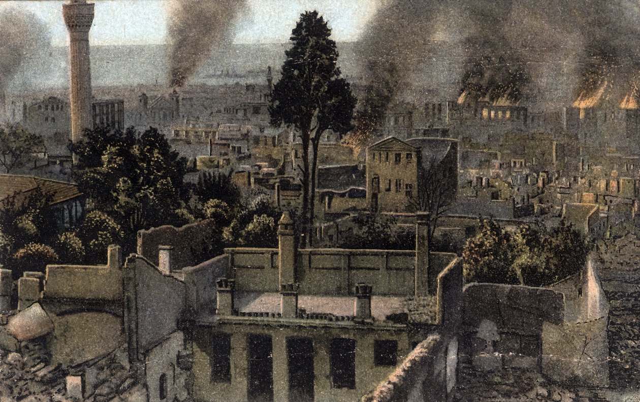 Griechenland, Saloniki (oder Thessaloniki): Blick auf die teilweise verbrannte Oberstadt, wahrscheinlich während des Brandes von 1917 - Postkarte 1914-1918 von Unbekannter Künstler
