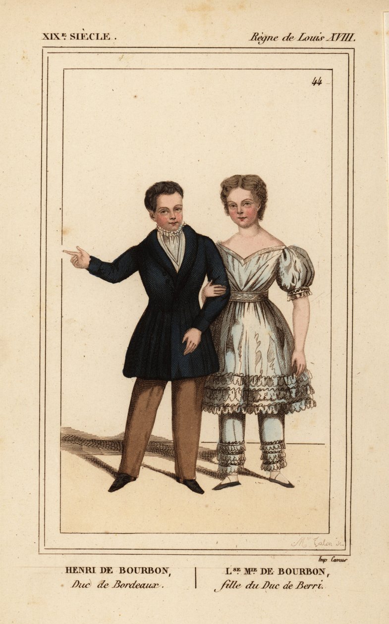 Henry, Graf von Chambord, Herzog von Bordeaux 1820-1883 und Louise Marie Therese von Artois, Tochter des Herzogs von Berry 1819-1870. Handkolorierte Lithographie von Madame Calon aus Le Bibliophile Jacob alias Paul Lacroix