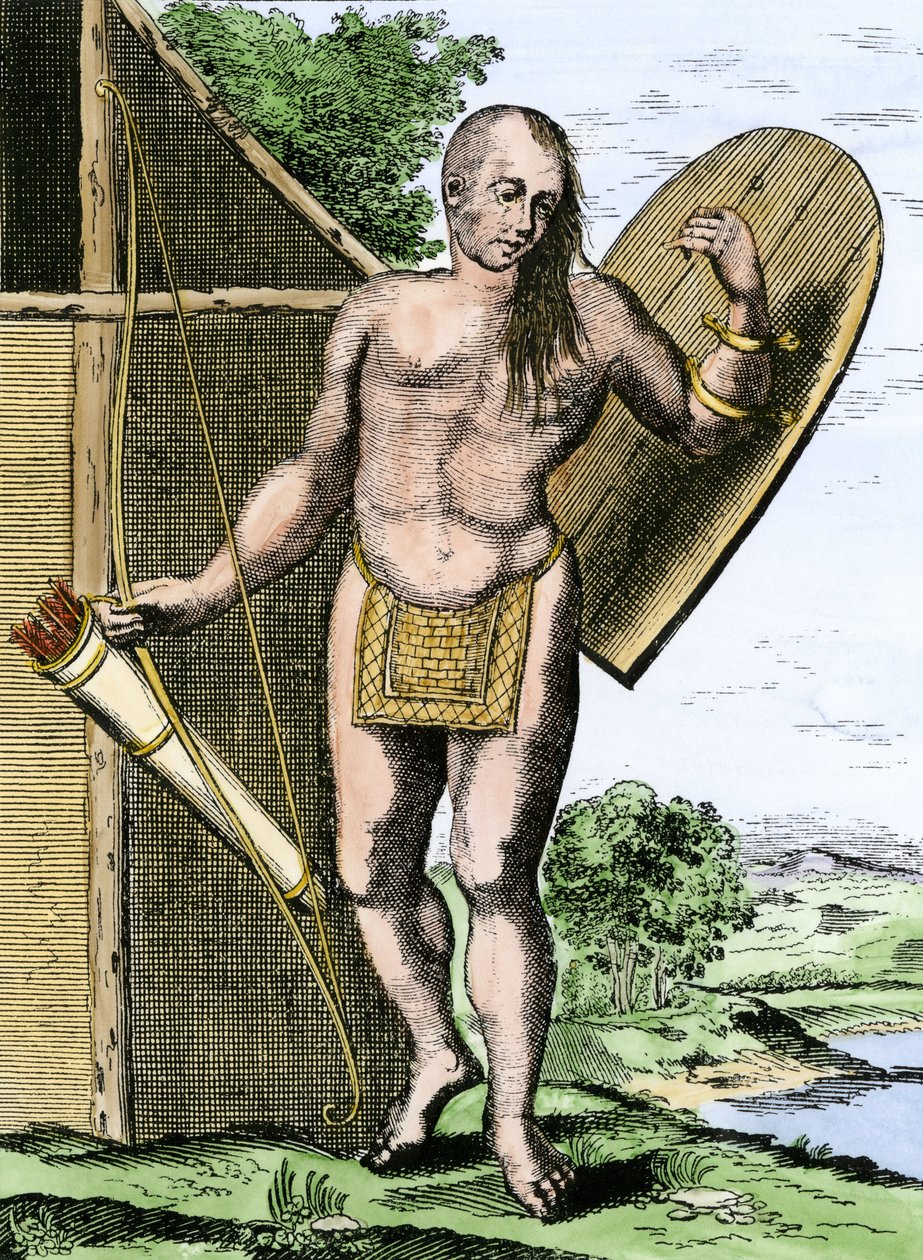 Geschichte der indigenen Völker: Ein Indianer aus Kanada mit einem Schild, einem Bogen und Pfeilen in einem Köcher von Unbekannter Künstler