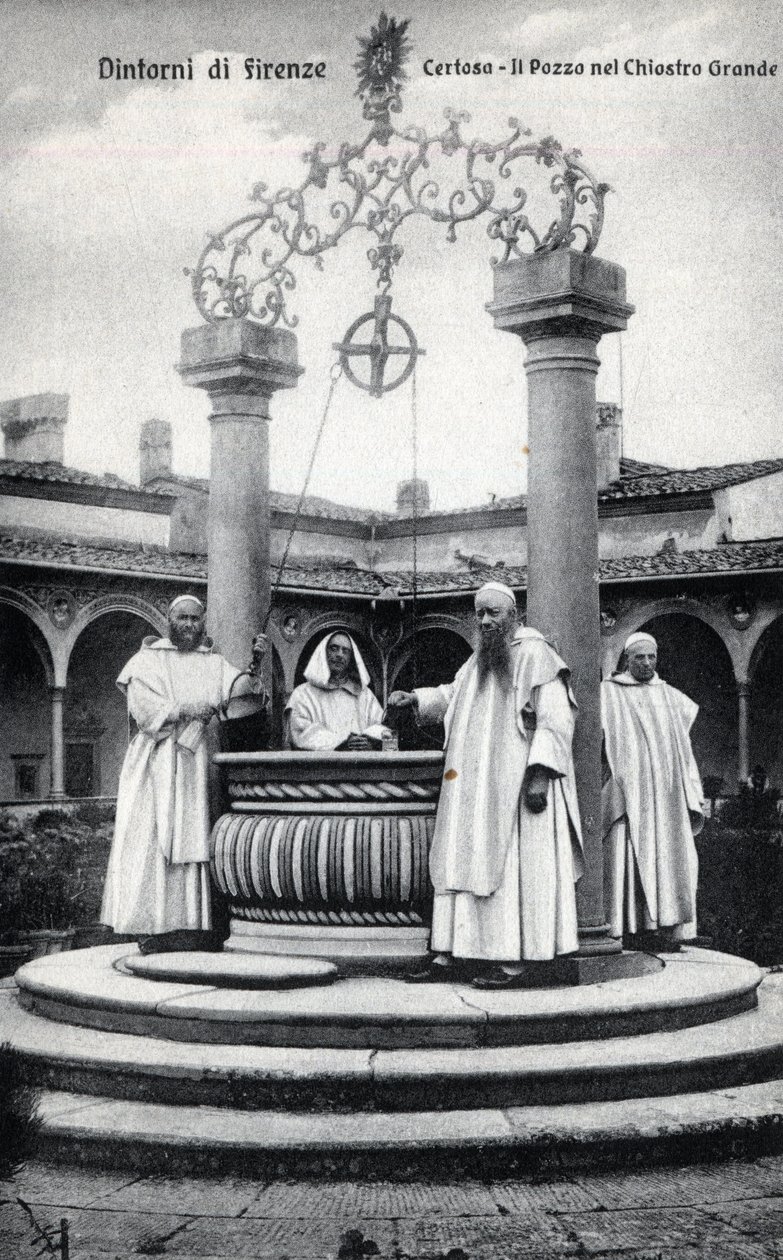 Italien, Florenz, Kartause von Galluzzo (Certosa del Galluzzo): der Brunnen im großen Kreuzgang - Postkarte Ende 19. Anfang 20. Jahrhundert von William M. Timlin