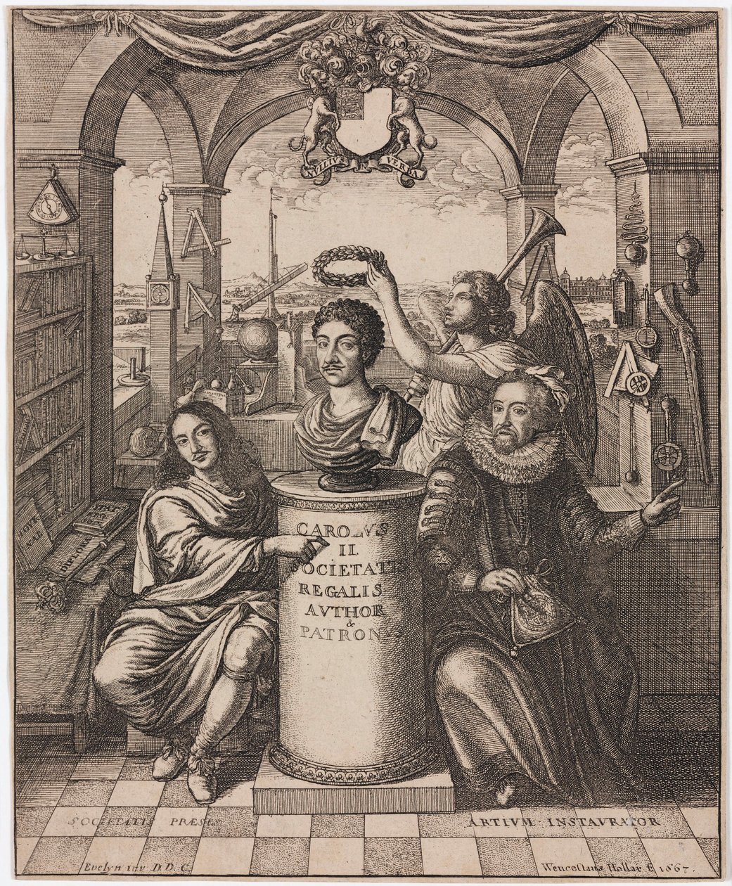 König Karl II., Viscount Brouncker und Francis Bacon von Unbekannt