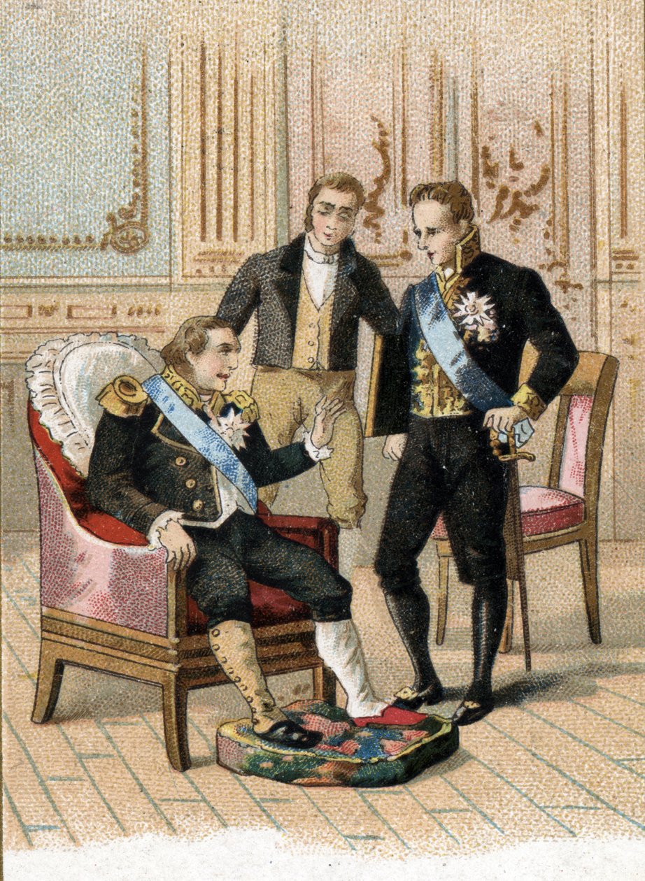 König von Frankreich Ludwig XVIII. (1755-1824) sehr krank, sagt zu Joseph de Villele im August 1824: „Der König darf sterben, aber nicht krank sein“. 19. Jahrhundert (Chromolithographie) von Unbekannter Künstler