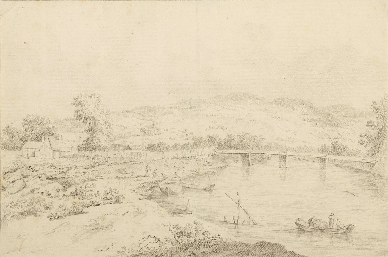 Landschaft am Fluss, mit Brücken und Booten von Unbekannter Künstler