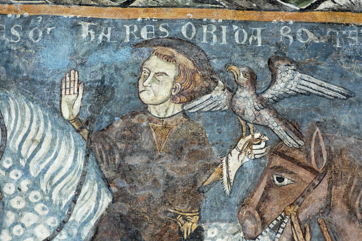 Legende der Gründung der Abtei von Vezzolano: König Karl der Große (Karl I. der Große) (742-814) jagte Falken. Es soll der Ursprung des Baus der Abtei gewesen sein. Fresko des Kreuzgangs der Abtei von Vezzolano. Piemont, Italien von Unbekannt