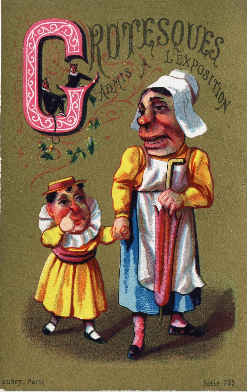 Buchstabe G: Grotesken zur Ausstellung zugelassen. Gravur in "Alphabet des grotesques". Serie von 25 Werbe-Chromolithographien auf goldenem Hintergrund, Ende des 19. Jahrhunderts. von Unbekannt