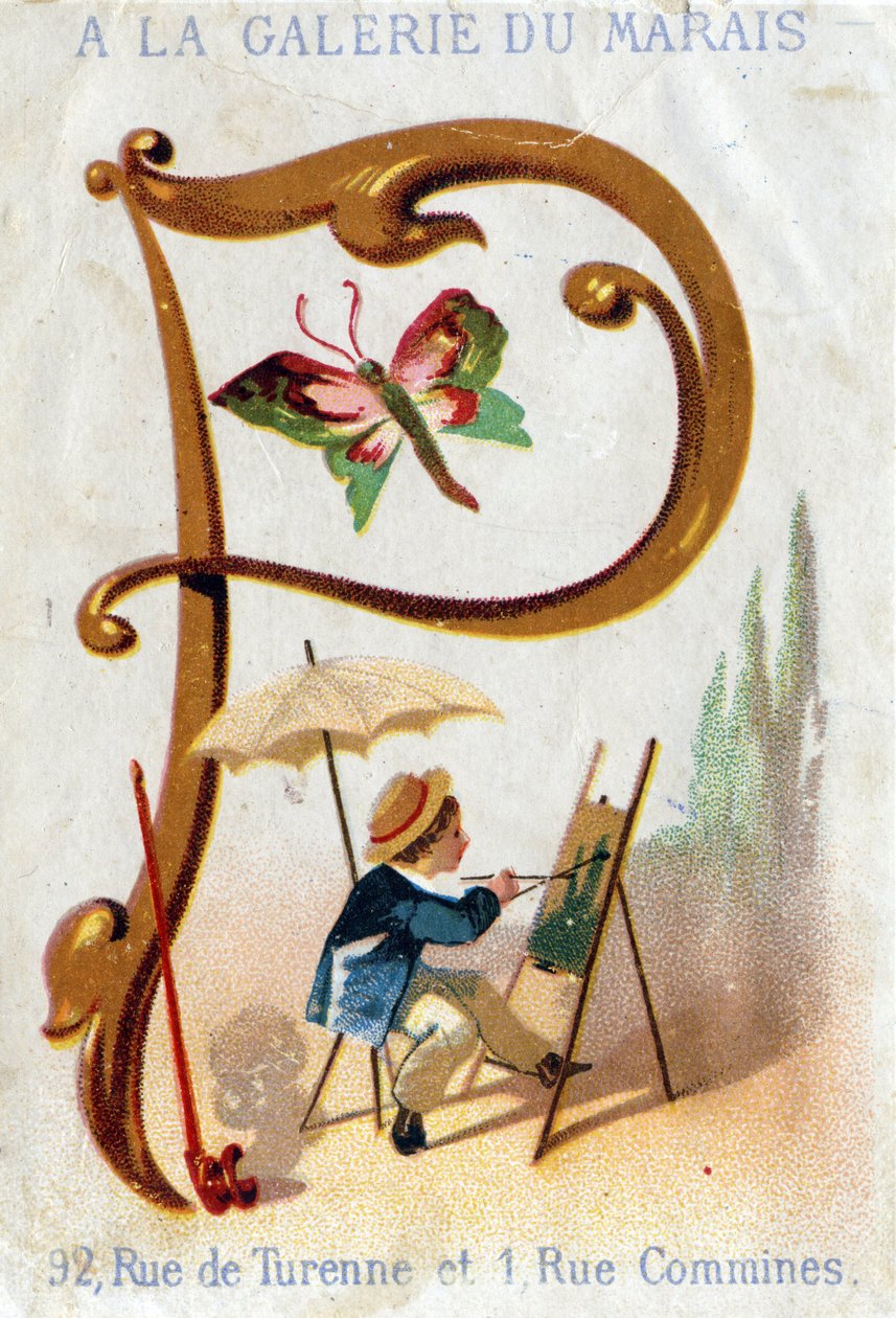Buchstabe P: Maler, Schmetterling, Sonnenschirm, Pfeife. Alphabet Art Nouveau: Serie von 25 Werbe-Chromolithographien. Lithographie von Alfred Clarey, Ende des 19. Jahrhunderts. Dim 115x75mm von Unbekannter Künstler