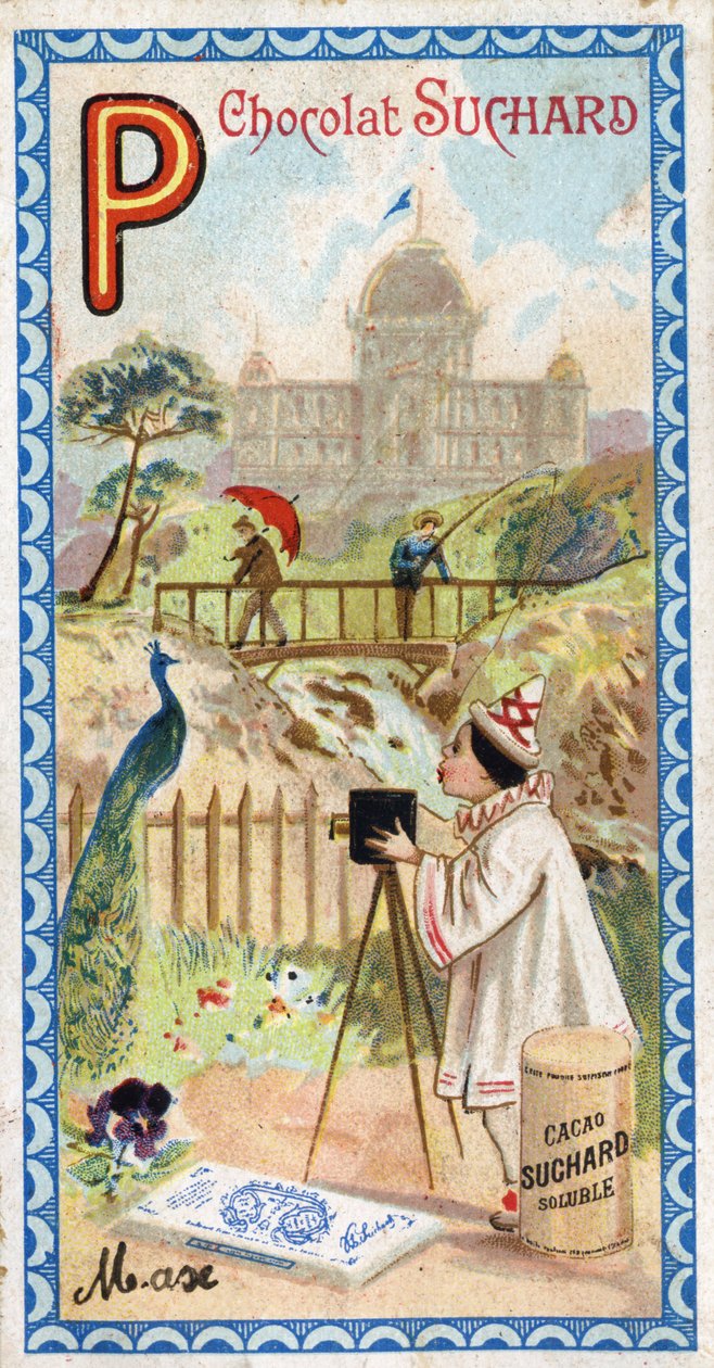 Buchstabe P: Palast, Pavillon, Regenschirm, Fotograf, Brücke, Angeln, Pfau, Gedanke. Gravur des Alphabets herausgegeben von Chocolat Suchard, Anfang des 20. Jahrhunderts. 24 Chromolithografien. von Unbekannt