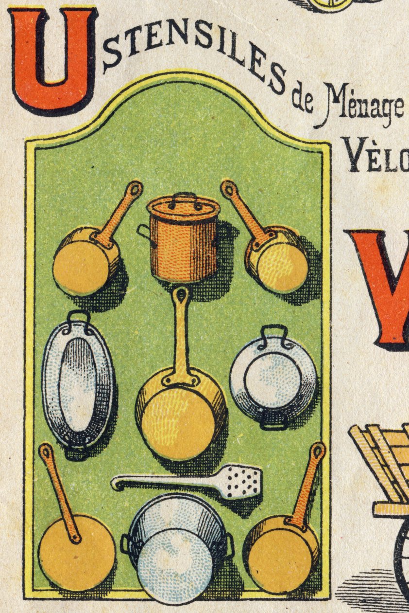 Buchstabe U. Cocote, Herd, Eichhörnchen, Kochtopf... Gravur in "ABC Toys". Epinal-Bildgebung in Chromolithographie, um 1890. Kleines Heft mit 8 Seiten. von Unbekannt