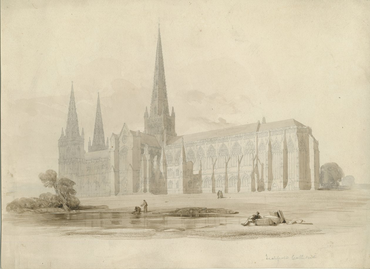 Lichfield Cathedral - Südostansicht: Zeichnung und Waschung, undatiert [?19. Jahrhundert] von Unbekannt
