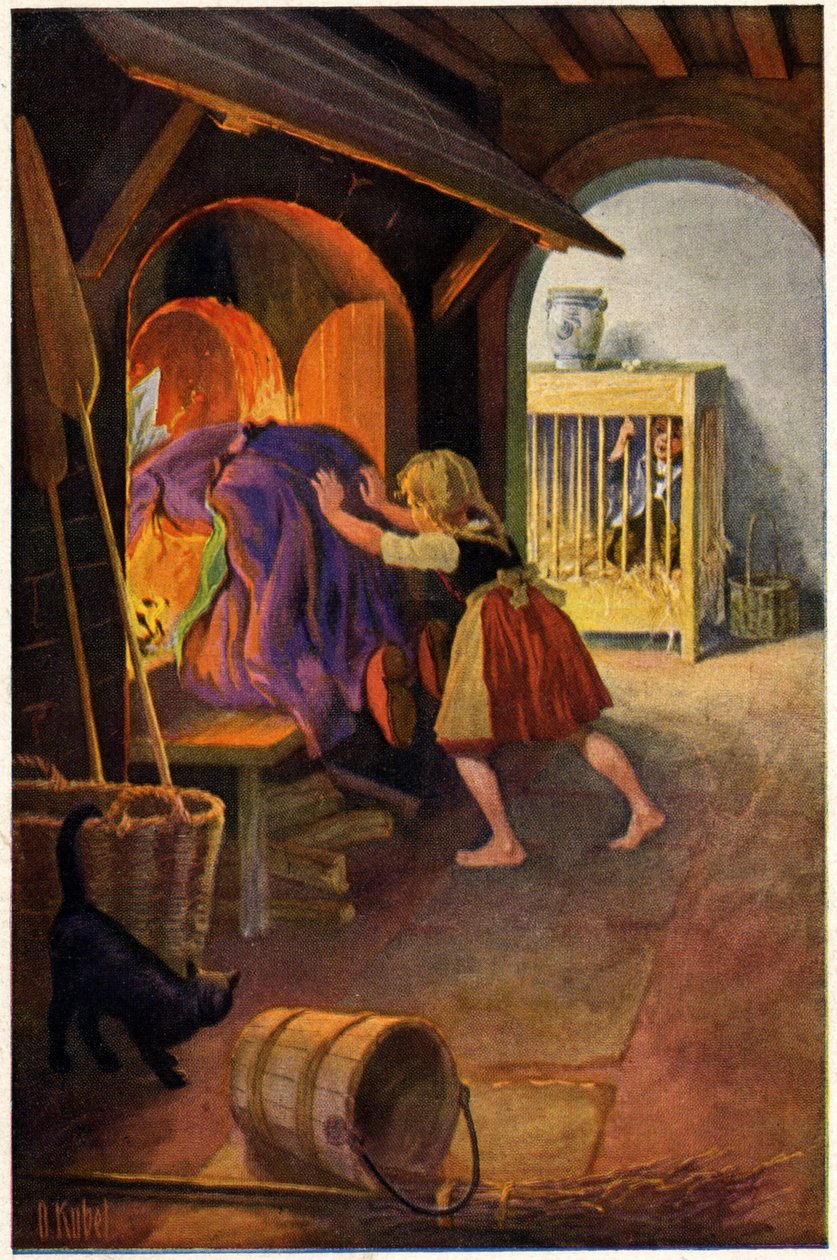 Literatur. Märchen. Hänsel und Gretel und die Hexe. Illustration von Otto Kubel für das Märchen der Brüder Grimm. Postkarte, Deutschland, ca. 1900 von Unbekannter Künstler