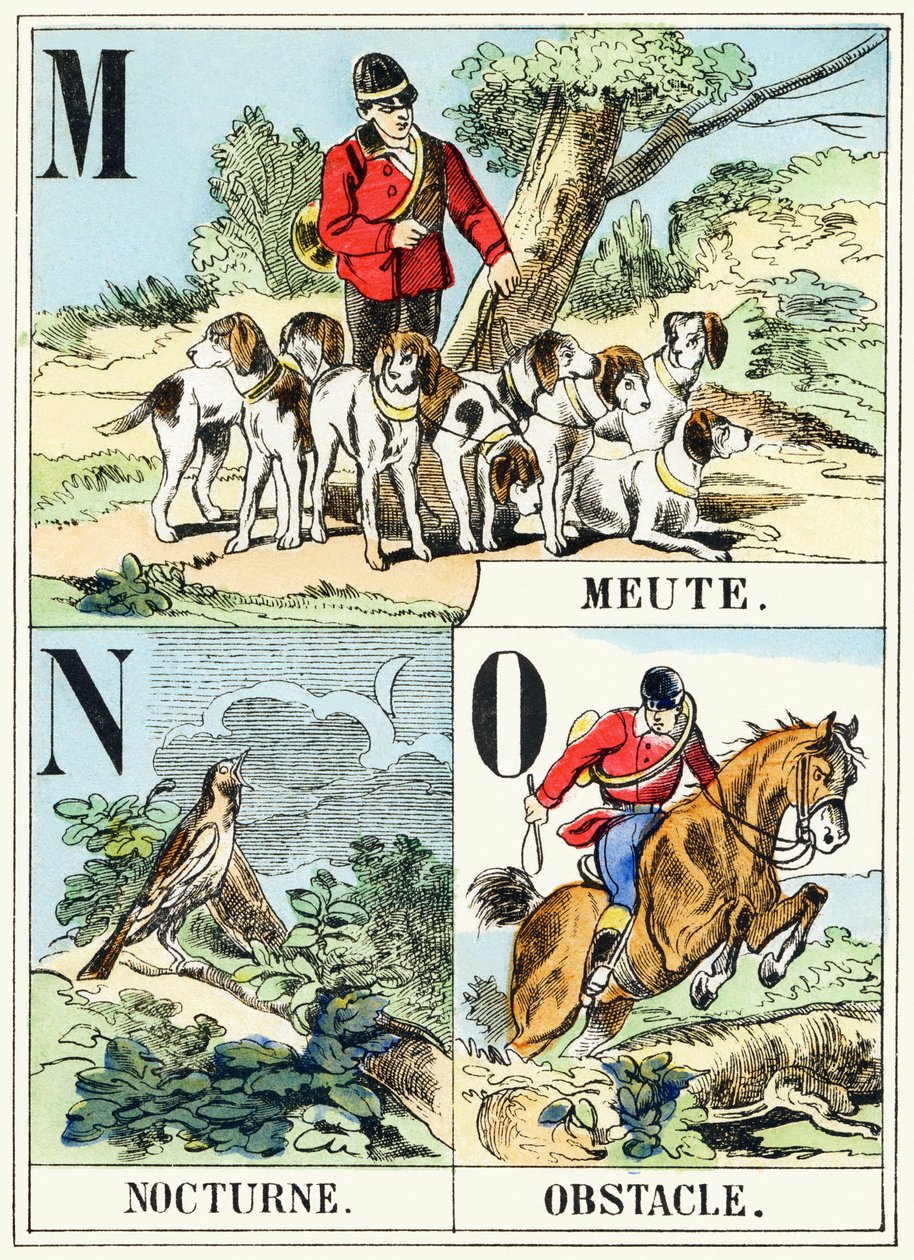 M N O : Meute, Nacht, Hindernis - Das Jagdalphabet, ca. 1890 (Gravur) von Unbekannt