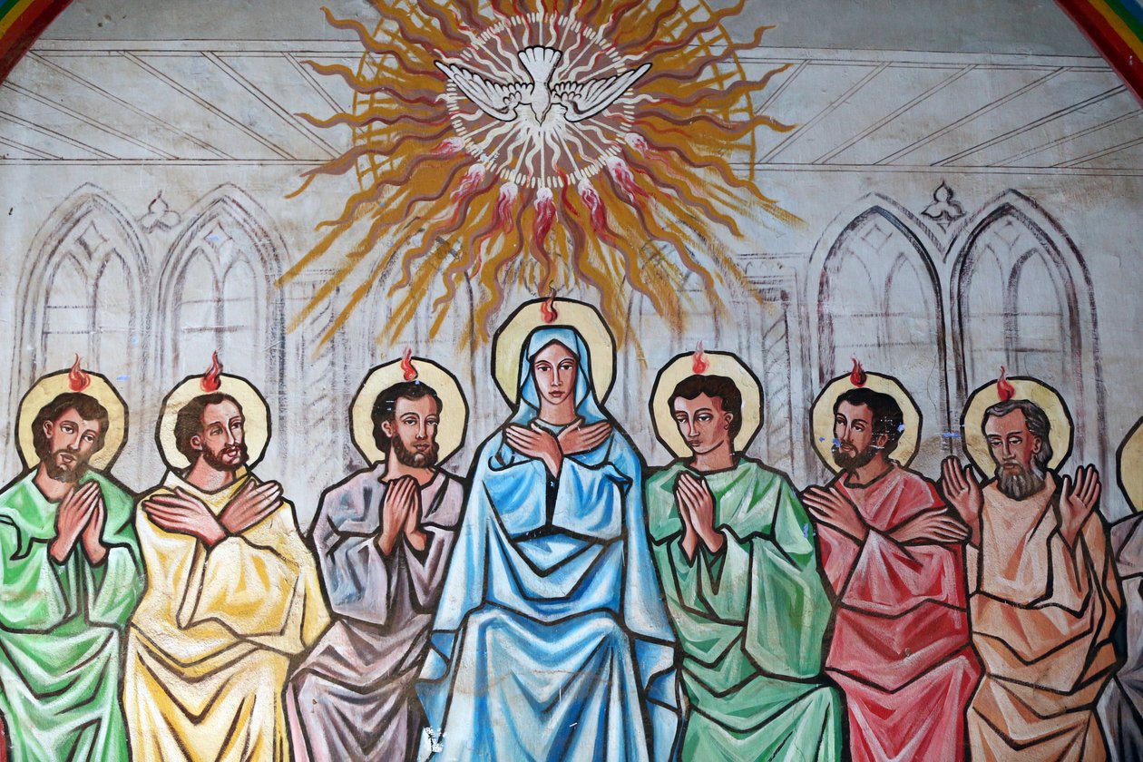 Marianisches Heiligtum Unsere Liebe Frau vom See. Der Heilige Geist, der auf die Jungfrau Maria und die Apostel herabkommt. Gemälde. Togo von Unbekannt
