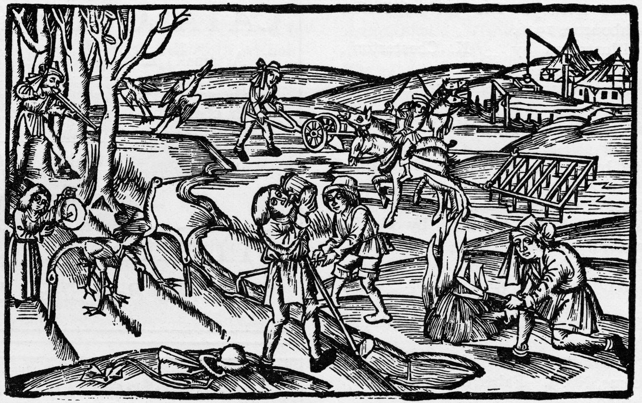 Leben auf dem Land im Mittelalter aus einer Gravur des 16. Jahrhunderts, veröffentlicht 1931 von Unbekannter Künstler