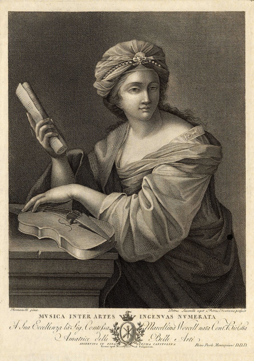 Musica inter artes ingenua numerata, Kupferstich von Pietro Savorelli nach einem Gemälde von Giovanni Francesco Romanelli, Barockmaler des 18. Jahrhunderts. von Unbekannter Künstler