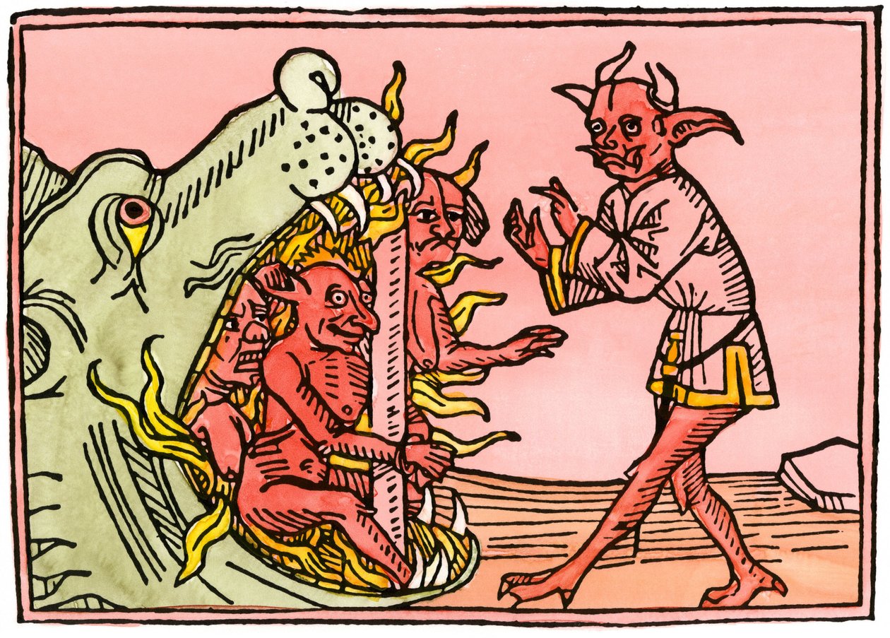 Mythen und Legenden: Drachenmaul in der Hölle, das Dämonen verbrennt (Farbstich aus einer Augsburger Ausgabe) von Unbekannter Künstler