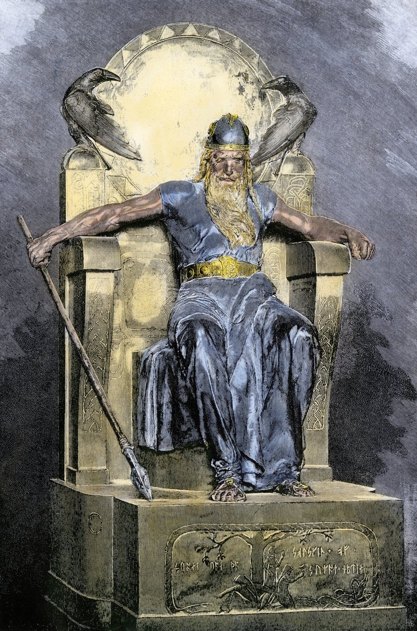 Nordische Mythologie: Darstellung der Gottheit Wotan (Odin) (Farbstich des 19. Jahrhunderts) von Unbekannter Künstler