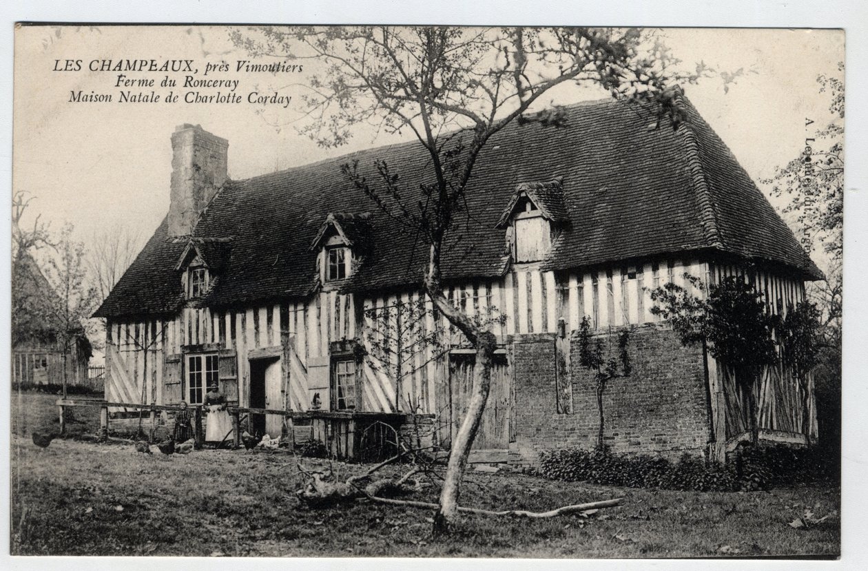 Normandie, Orne (61), Les Champeaux: Blick auf den Bauernhof von Ronceray, Heimat von Charlotte Corday (1768-1793) - Postkarte Ende 19. Anfang 20. Jahrhundert von William M. Timlin