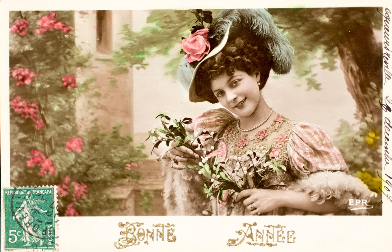Alte Postkarte/Herrliches Jahr/Wunsch/Frau Belle Époque von William M. Timlin