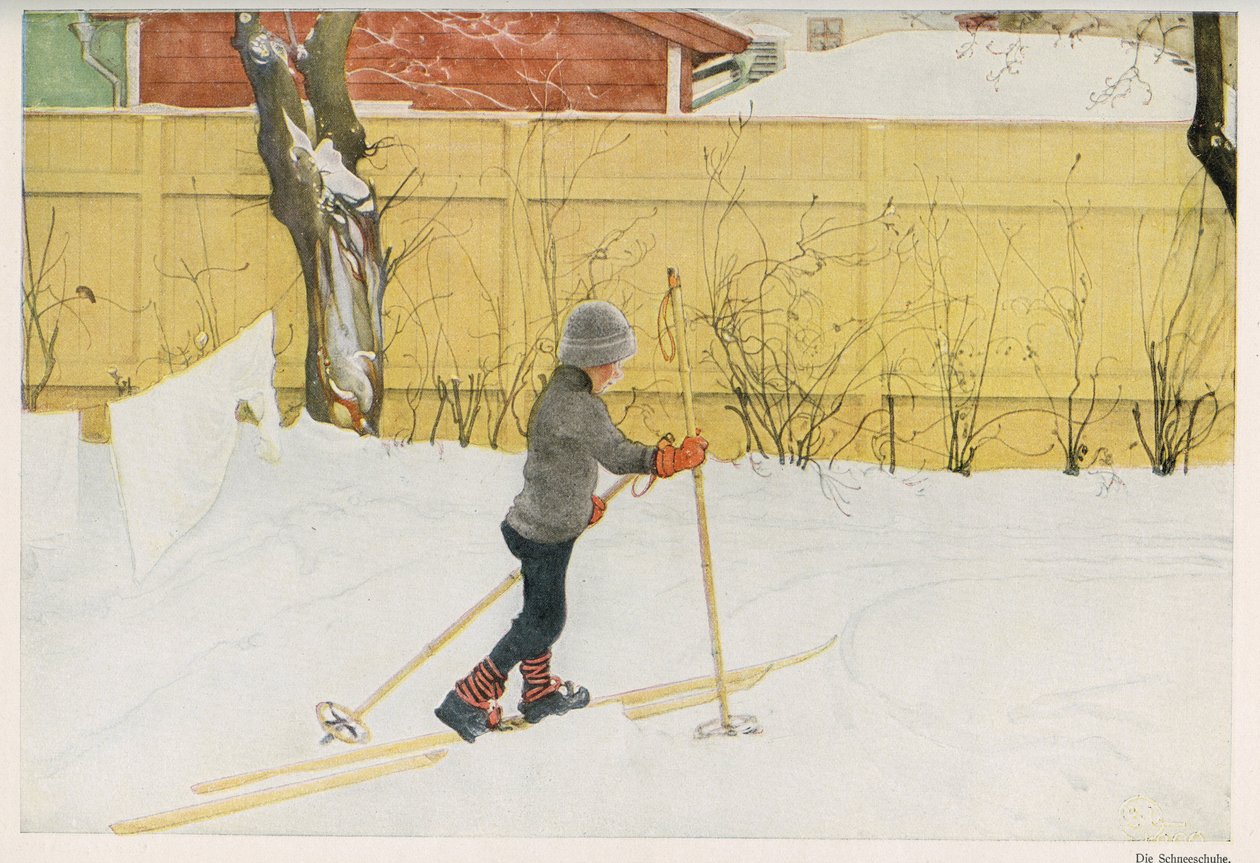 Eines der Kinder des schwedischen Illustrators Carl Larsson (1853-1919) lernt, sich auf Skiern zu bewegen. Zeichnung aus „Das Haus in der Sonne“ 1921 von Unbekannt