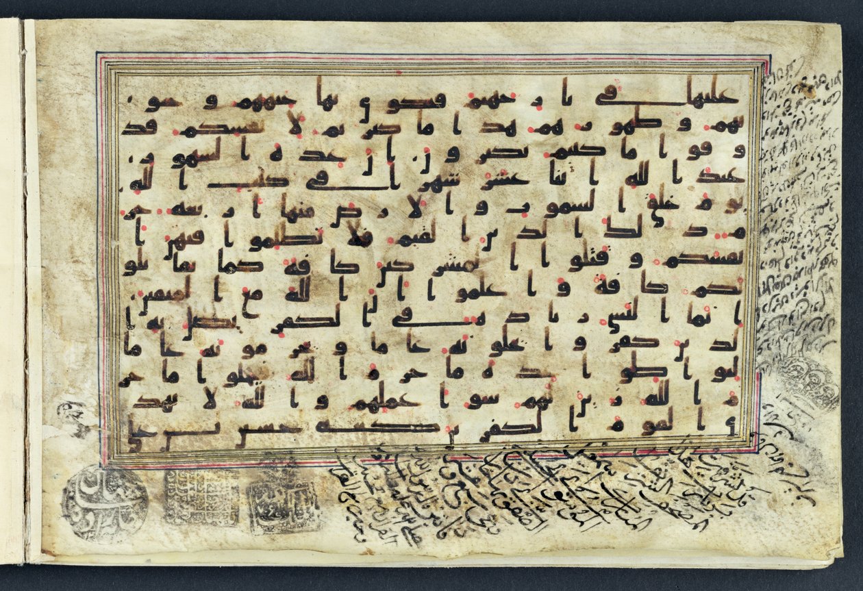 Seite aus einem Koran mit kufischer Schrift und Diakritika in Rot, 9.-10. Jahrhundert von Unbekannt