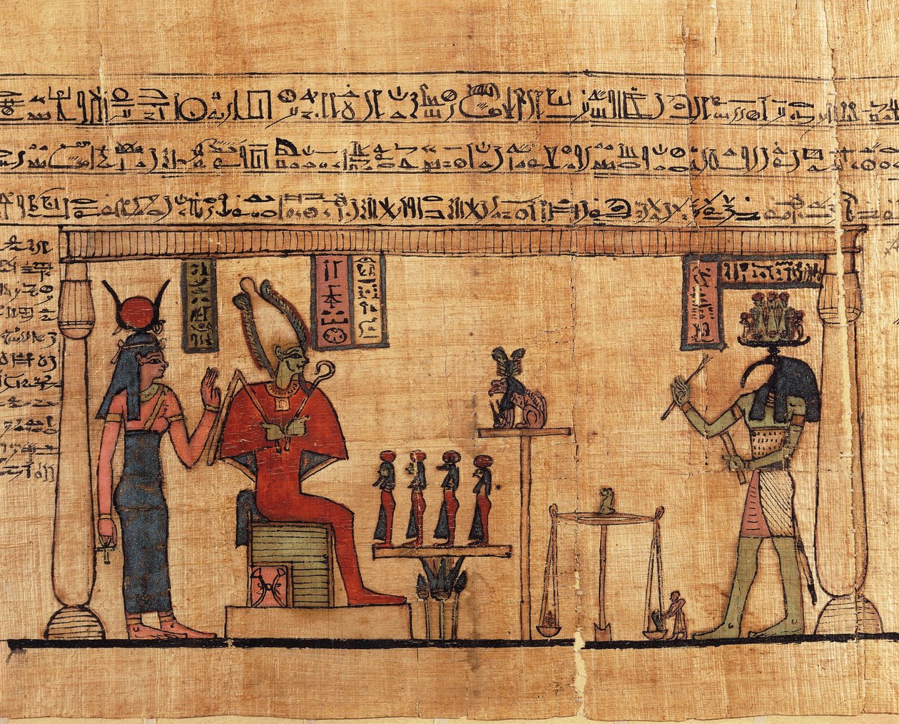 Papyrus aus dem Ersten Buch des Atmens von Ousirour, Thoth wiegt die Seele von Ousirour vor Isis und Osiris von Alec Hunter