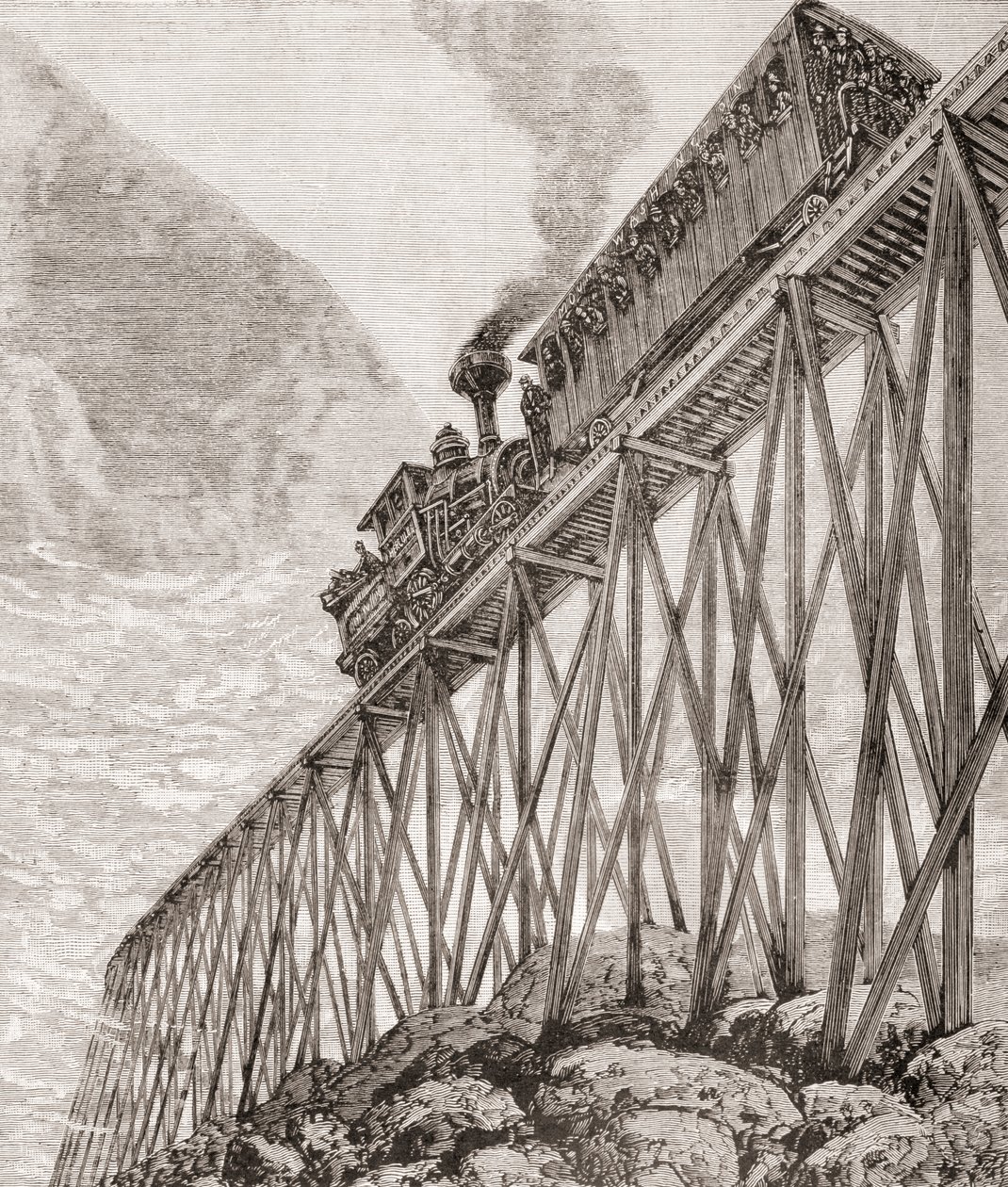 Teil einer vier Kilometer langen Eisenbahn in New Hampshire, USA, gebaut für Freizeitreisen und um Passagieren Panoramablicke zu bieten, ca. 1880, aus 